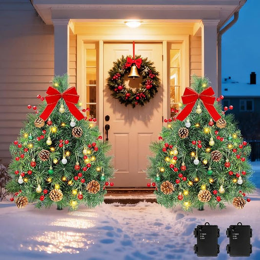 Lewondr Set of 2 Prelit Pathway Christmas Trees, 27.56" Outdoor Christmas Tree with 50 LED Lights, Pine Cones Red Berries, Battery Operated Outdoor Xmas Decor for Yard Home Porch, Green