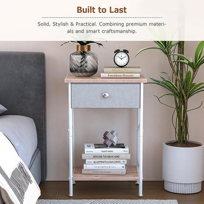 VECELO Nightstand with Drawer, Small Bedside Table with Storage and Adjustable Metal Legs, Wood End Table for Bedroom or Living Room, Perfect for Small Spaces and Modern Farmhouse Décor, Light Brown
