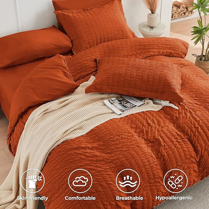HYMOKEGE Burnt Orange Queen Comforter Set Seersucker 7 Pieces, All Season Luxury Bed in a Bag for Bedroom, Bedding Set with Comforters, Sheets, Pillowcases & Shams