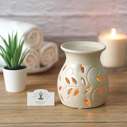 Hosley Elegant Ceramic Oil Warmers with Leaf Pattern and Speckle Design 4.5 Inches High Tealight Compatible for Aromatherapy and Home Decor Set of 3