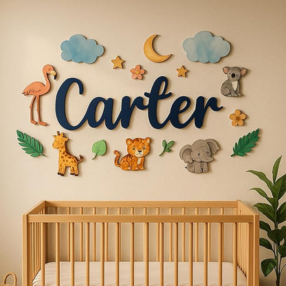 Custom Nursery Name Sign with Themed Decor Kit | Personalized Wooden Wall Art for Baby, Kids Room | Space, Jungle, Circus, Under The Sea, Woodland, Rainbow (60", Jungle/Safari)