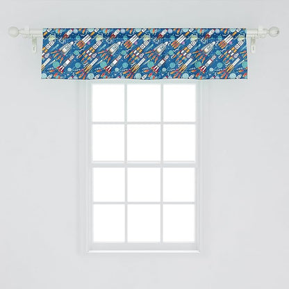 Ambesonne Spaceship Window Valance, Hand-Drawn Cartoon Spaceships Planets and Stars Outer Space Exploration Theme, Curtain Valance for Kitchen Bedroom Decor with Rod Pocket, 42" x 12", Violet Blue