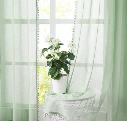 Treatmentex Pom-Pom Green Sheer Curtains for Bedroom 95inches Long Tassle Linen Textured Window Curtain Panels for Living Room Kids Room Kitchen 52" w, 1 Pair, Rod Pocket,Sage Green