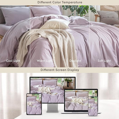 MooMee Bedding Duvet Cover Set 100% Washed Cotton Linen Like Textured Breathable Durable Soft Comfy (Heathered Light Purple, Cal King 104"x98")
