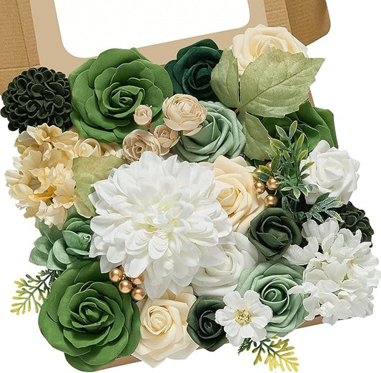 Alecono Artificial Flowers, Silk Fake Green Flowers Combo Box for DIY Cake Wedding Decorations, Faux Flowers for Table Centerpieces Baby Shower Party Home Decor