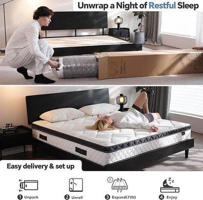 King Size Mattress 10 Inch, Pocket Spring & Memory Foam Hybrid Mattress with 3D Breathable Knitting Fabric