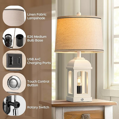 QiMH Table Lamp for Living Room, Farmhouse Lamps Set of 2 with USB A+C and Nightlight, 26" Rustic Bedside Lamps with 3-Way Dimmable, Touch Nightstand Lamp for Bedroom, White