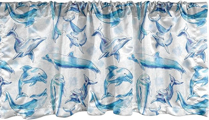 Ambesonne Sea Animals Window Valance, Sketch of Bottlenose Dolphins Playing Laughing in The Ocean Sea Life Print, Curtain Valance for Kitchen Bedroom Decor with Rod Pocket, 42" x 12", Turquoise White