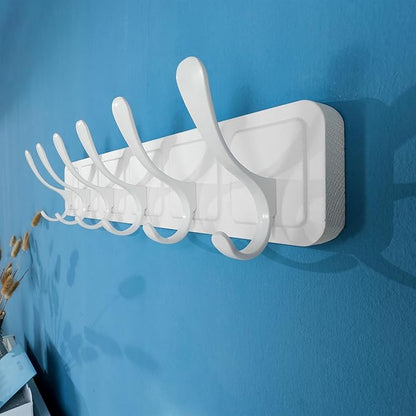 SKOLOO Coat Rack Wall Mount - Scandi-Style Wooden Carved-Block Coat Hook, Wall Coat Hanger with 6 Hooks for Hanging Coats, Hats, Clothing, Scarfs, White