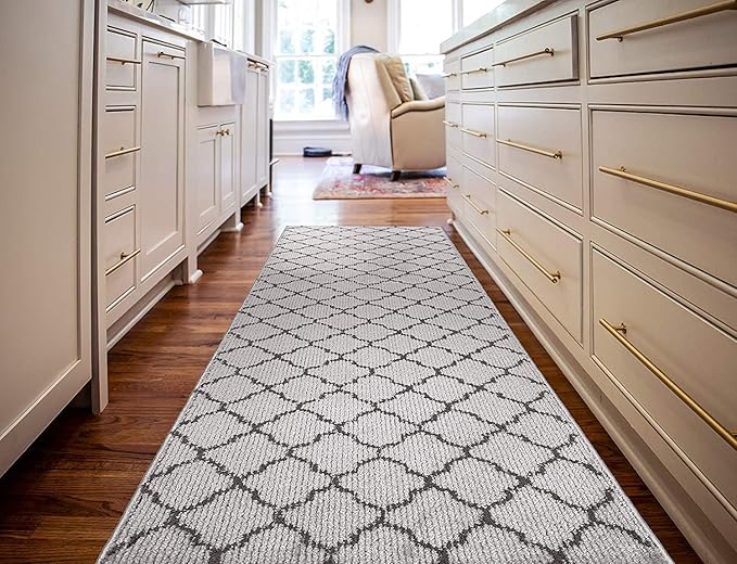 Custom Size Modern Runner Rug Carpet for Hallway Entryway Foyer Kitchen, Slip Resistant Latex Rubber Backed 31 inch Wide X Customized Length, Trellis Grey, 31 inch X 6 feet