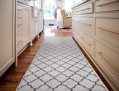 Custom Size Modern Runner Rug Carpet for Hallway Entryway Foyer Kitchen, Slip Resistant Latex Rubber Backed 31 inch Wide X Customized Length, Trellis Grey, 31 inch X 29 feet