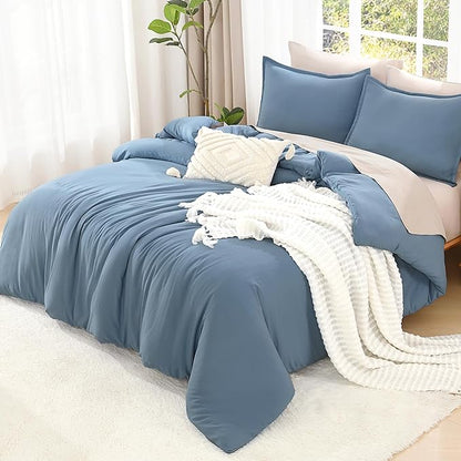 Litanika Oversized King Comforter Set Grayish Blue Super King Plus Size, 3 Pieces Lightweight Solid Bedding Comforter Set, All Season Fluffy Bed Set (128x120In Comforter & 2 Pillowcases)