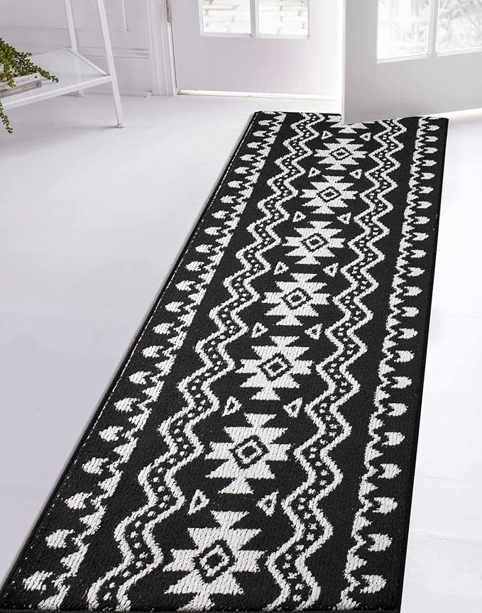 Custom Length Cut to Size Tribal Ethnic Southwestern Inspired Hallway Runner Rug, Non Slip Rubber Backed, 31 inch Wide X Customized Length, Aztec Black, 31 inch X 8 feet