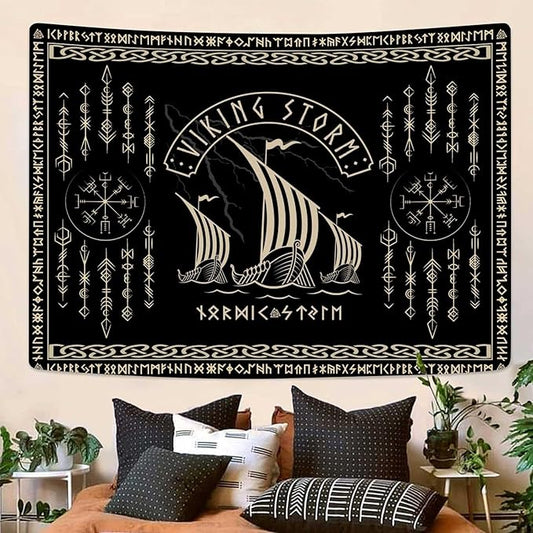 OSUNBD Viking Warship Tapestry Wall Hanging - Small 70x47 inches Storm & Celtic Runes on Soft Flannel Aesthetic Mythology Tapestries Norse Mythology Art for Bedroom, Living Room Decor