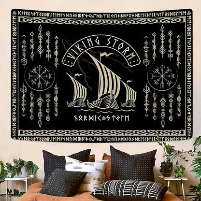 OSUNBD Viking Warship Tapestry Wall Hanging - Small 40x30inches Storm & Celtic Runes on Soft Flannel Aesthetic Mythology Tapestries Norse Mythology Art for Bedroom, Living Room Decor