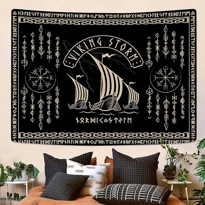 OSUNBD Viking Warship Tapestry Wall Hanging - Small 60x51inches Storm & Celtic Runes on Soft Flannel Aesthetic Mythology Tapestries Norse Mythology Art for Bedroom, Living Room Decor
