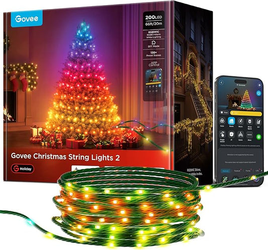 Govee Christmas Lights 2, RGBWIC 66FT 200LEDs Holiday String Lights with Shape Mapping Function, Smart LED Decoration for Indoor Outdoor Tree, 130+ Preset Scenes, Voice and APP Control, Green Wire
