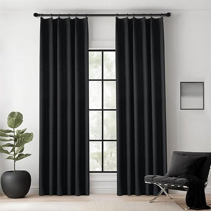 KangBang Black Pinch Pleated Curtains Blackout 90 Inches Long for Bedroom, Linen Textured Pinch Pleat Drapes for Living Room Nursery, Soundproof Privacy Assured Home Decor(2 Panels, Black,40x90)