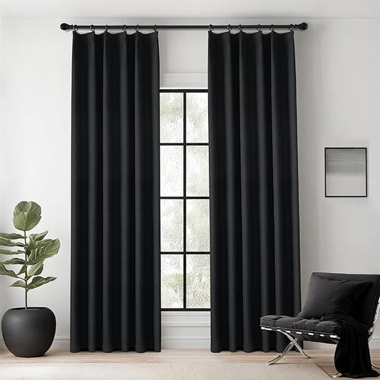 KangBang Black Pinch Pleated Curtains Blackout 90 Inches Long for Bedroom, Linen Textured Pinch Pleat Drapes for Living Room Nursery, Soundproof Privacy Assured Home Decor(2 Panels, Black,40x90)