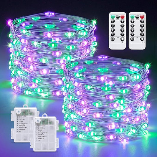 JMEXSUSS 2 Pack Purple and Green Fairy Lights Battery Operated, Total 200 LED 66ft Halloween Lights with Remote, 8 Modes Twinkle String Lights for Fireplace Mantel Porch Tree Centerpiece Wreath Decor