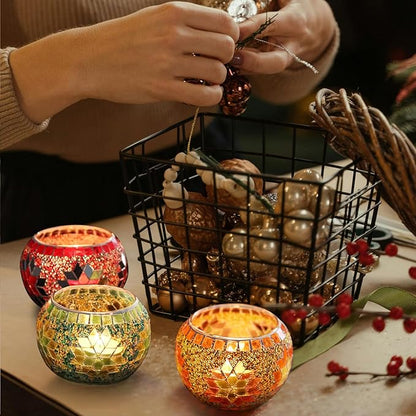 SHMILMH Votive Candle Holder Set of 4, Diwali Decoration for Home, Handmade Mosaic Glass Tealight Candle Holders for Table Centerpiece Decor,Diwali Thanksgiving