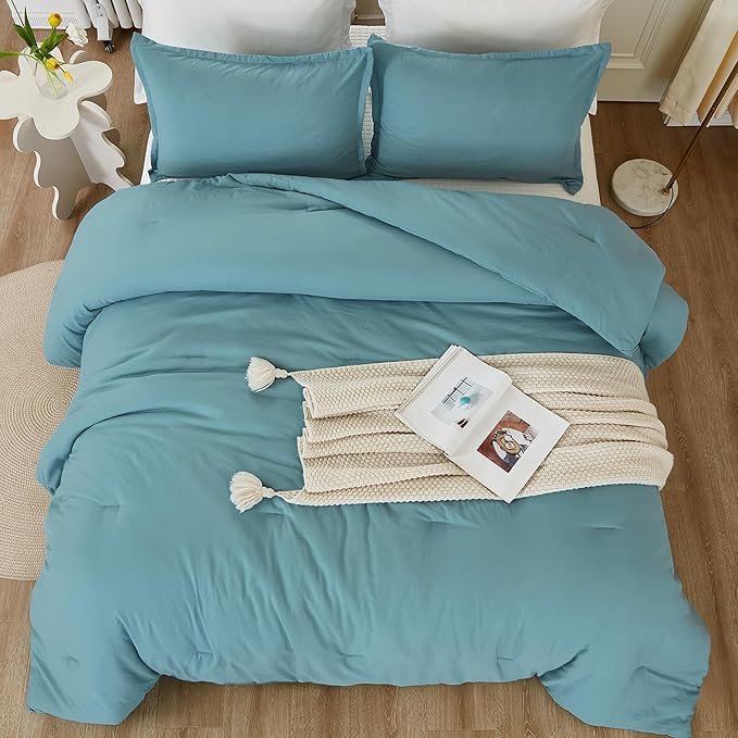 Litanika Grayish Teal Comforter Full Size, 3 Pieces Lightweight Solid Bedding Set, All Season Fluffy Bed Set (79x90In Comforter & 2 Pillowcases)