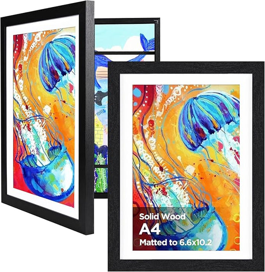 KINLINK A4 Kids Art Frames Set of 2, Solid Wood Kids Artwork Frames Changeable with Acrylic Front Opening Holds 150 Pictures 8.3x11.7, Art Frame for Kids Artwork with Mat or without Mat, Black