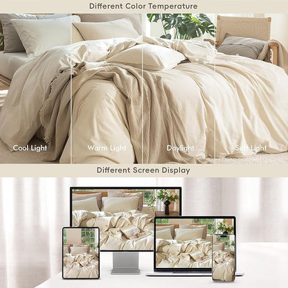 MooMee Bedding Duvet Cover Set 100% Washed Cotton Linen Like Textured Breathable Durable Soft Comfy (Heathered Almond Milk Grey, Palatial King/Oversized King 120"x98")