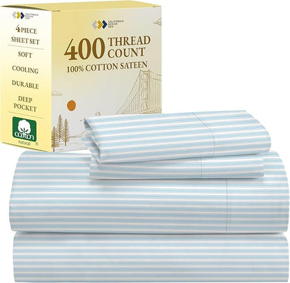 California Design Den Striped King Size Sheets Set - Luxury 400 Thread Count Sateen, Natural 100% Cotton Sheets, Deep Pockets, Cooling and Durable Bedding Set - Cape Stripe