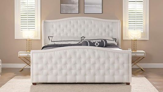 Jennifer Taylor Home Marcella Upholstered Shelter Headboard Bed Set, King, Bright White Polyester