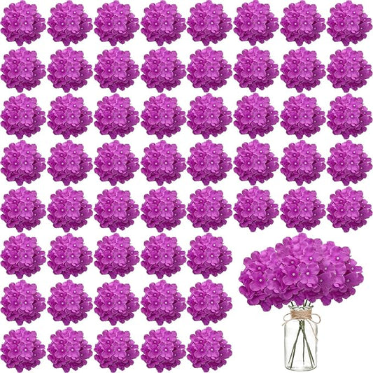 100PCS Artificial Hydrangea Flowers, Fake Flowers Silk Hydrangea Full Flowers Heads with Stems for Wedding Home Party Shop Baby Shower Decor (Red Purple)