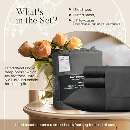 Organic Cotton Sheets Queen Sheet Set Deep Pocket,100% Cotton Bed Sheets Queen Size Set, No Pill Soft & Comfy Naturally Cool Breathable Elasticated Sheet & Pillowcase Sets- Charcoal
