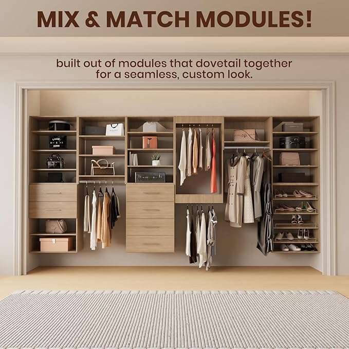 ROOMTEC 19.5" 2 Drawer Short Tower Closet Unit, Modular Closet System with Drawers and Shelf, Wardrobe Organizer for Bedroom or Walk-in Closet, Wall Mounted, Customizable Clothes Storage Unit, Wood