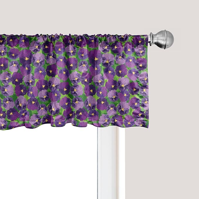 Ambesonne Botanical Window Valance, Green Field Full of Burgeoning Pansy Inflorescence Garden Flourish Bedding Plants, Curtain Valance for Kitchen Bedroom Decor with Rod Pocket, 54" X 18", Purple