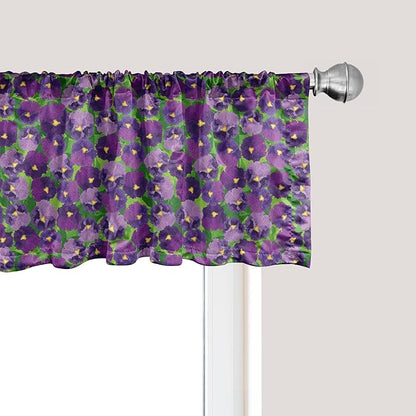 Ambesonne Botanical Window Valance, Green Field Full of Burgeoning Pansy Inflorescence Garden Flourish Bedding Plants, Curtain Valance for Kitchen Bedroom Decor with Rod Pocket, 54" X 18", Purple