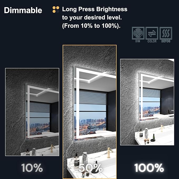 LED Bathroom Mirror 48"x 30", Front Lit and Backlit LED Mirror with Lights,Stepless Dimmable,Anti-Fog, Shatter-Proof, Memory, 3 Colors,LED Mirror for Bathroom .(Horizontal/Vertical)