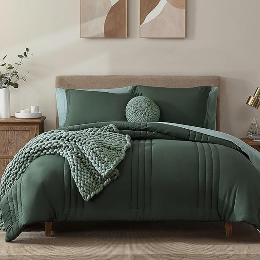 Monbix Queen Comforter Set - 7 Pieces Deep Forest Bed in a Bag Queen Bedding Sets with Comforters, All Seasons Down Alternative Comforter Bed Set with Sheets,Pillowcases & Shams