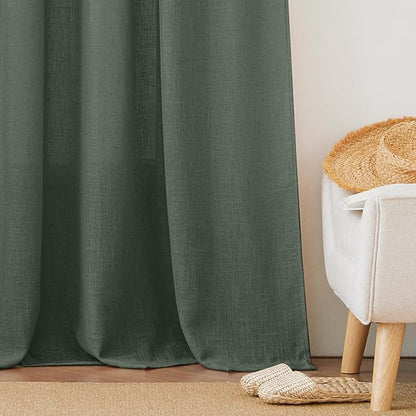 RYB HOME Linen Sheer Curtains for Living Room, Light Filtering Privacy Protection Spring Curtains for Sliding Glass Door, W 52 x L 96 inches, Hunter Green, 2 Panels Set