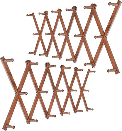 WEBI Accordion Wall Hanger,Expandable Wooden Hat Rack for Wall Mounted Coat Rack,Accordion Hat Hooks Holder for Baseball Caps,17 Peg,Rustic Brown,2 Packs