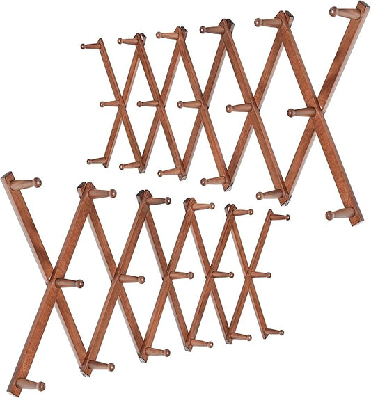 WEBI Accordion Wall Hanger,Expandable Wooden Hat Rack for Wall Mounted Coat Rack,Accordion Hat Hooks Holder for Baseball Caps,17 Peg,Rustic Brown,2 Packs