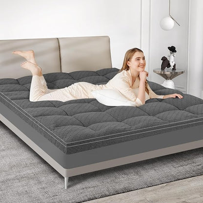 Dual Layer 3 Inch Memory Foam Mattress Topper King Size, 2 Inch Cooling Gel Memory Foam Plus 1 Inch Pillow Top Mattress Pad Cover, with 8-21 Inch Deep Pocket, Grey