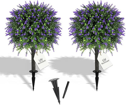 27.2" Artificial Lavender Topiary Set of 2 with Spike, Fake Plants Boxwood Balls Greenery Shrubs , Uv Resistant Artificial Push in Flowers Bushes for Outdoor Front Porch Decor, Home Faux Plants Indoor