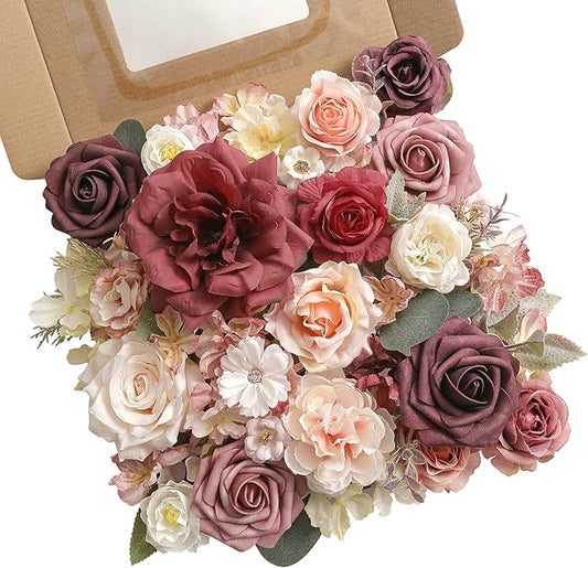 Artificial Flowers Combo Box Set Burgundy Pink Fake Flower Leaf Box with Stems for DIY Wedding Bouquets Centerpieces Arch Arrangement Baby Shower Party Home Decorations