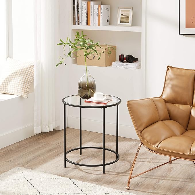 VASAGLE Round Side Table, Glass End Table with Metal Frame, Black Coffee Table with Modern Style, for Living Room, Balcony, Bedroom, Black