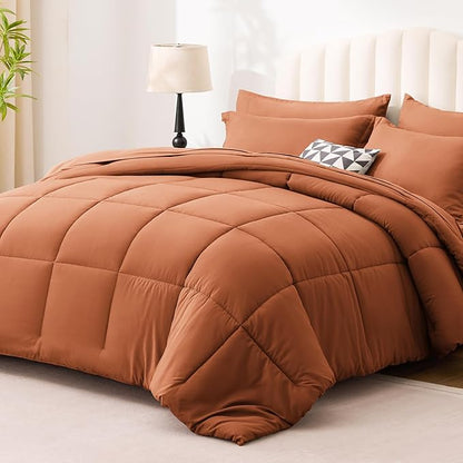 Love's cabin Queen Comforter Set Burnt Orange, 7 Pieces Queen Bed in a Bag, All Season Bedding Sets with 1 Comforter, 1 Flat Sheet, 1 Fitted Sheet, 2 Pillowcase and 2 Pillow Sham