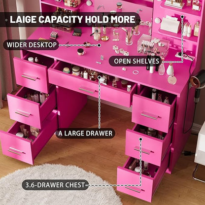 Furmax Vanity Desk with Mirror, LED Lights and Power Outlet Makeup Vanity Table with 7 Drawers and 6 Storage Shelves Dressing Table for Bedroom Dressing Room (Rose Pink)