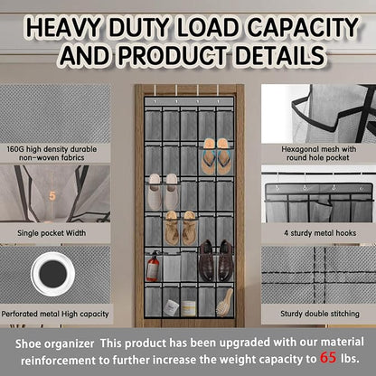 Over the Door Shoe Organizer with 30 Breathable Mesh Pockets - Large Capacity Closet Storage for Men & Women, Hanging Shoe Rack Organizer -Gray