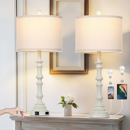 27.5" Tall Table Lamp for Living Room Set of 2, Vintage Farmhouse Table Lamps with USB C+A Ports, 3-Way Dimmable Touch Bedside Lamps, Tradition Bedroom Lamps for Nightstand Side End Table Desk, White