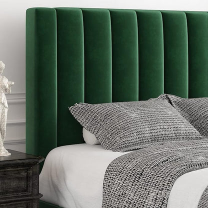Allewie Full Bed Frame/Velvet Upholstered Bed Frame with Vertical Channel Tufted Headboard/Strong Wooden Slats/Platform Bed Frame/Mattress Foundation/Box Spring Optional/Easy Assembly/Green