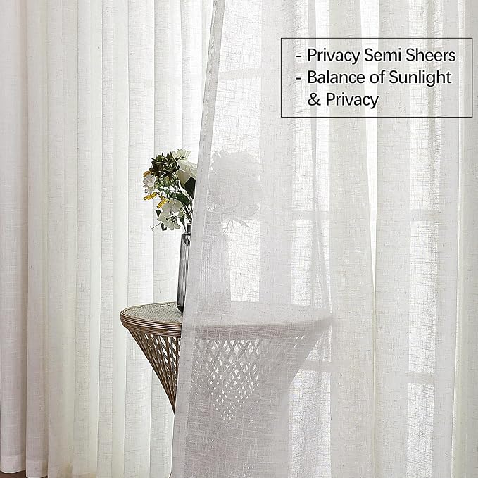 Neutral Linen Sheer Pinch Pleated Sliding Door Curtains, 2x50 Inches Width, Ivory Beige Light Filtering Drapes 102 Inches Long, Textured Farmhouse Floor to Ceiling Window Curtain Panels
